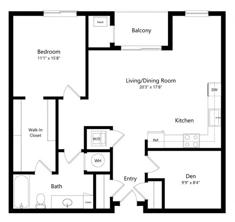 Floor plan for 1 bed, 1 bath, 849 sqft